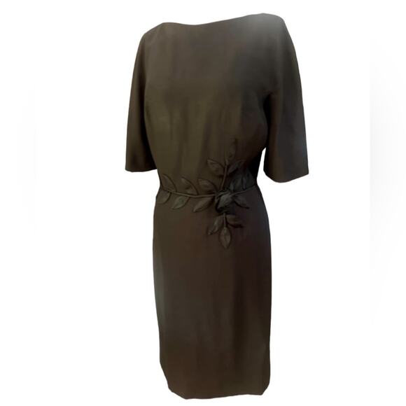 Vtg Black Modest Ladylike 3D Rose Feminine Minimalist Whimigoth Midi Dress M - Picture 1 of 6